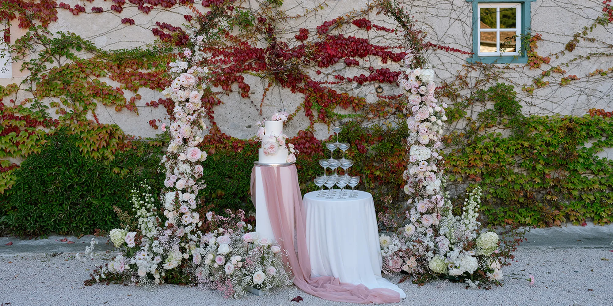 white chateau pink wedding