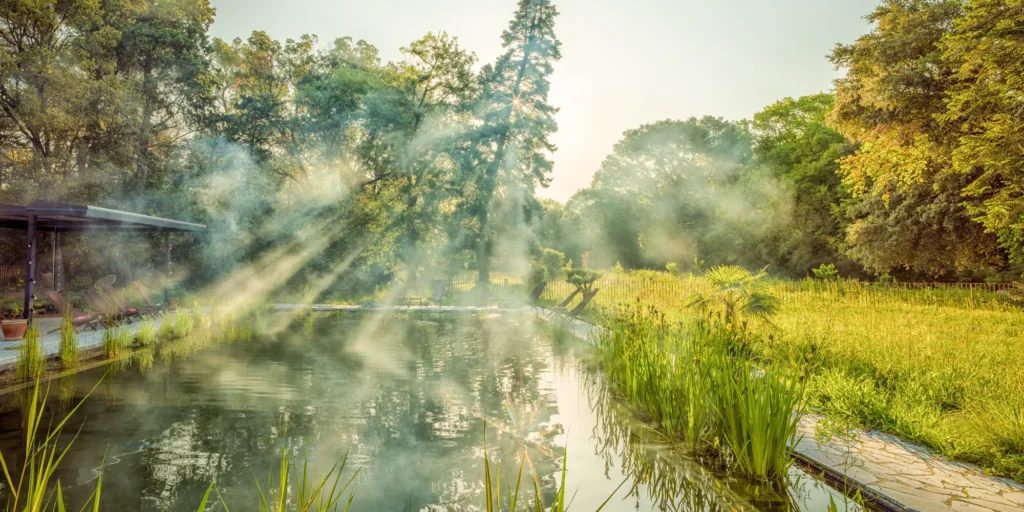 eco spa wedding france/ naturally filtered swimming pool at a wedding venue in France 