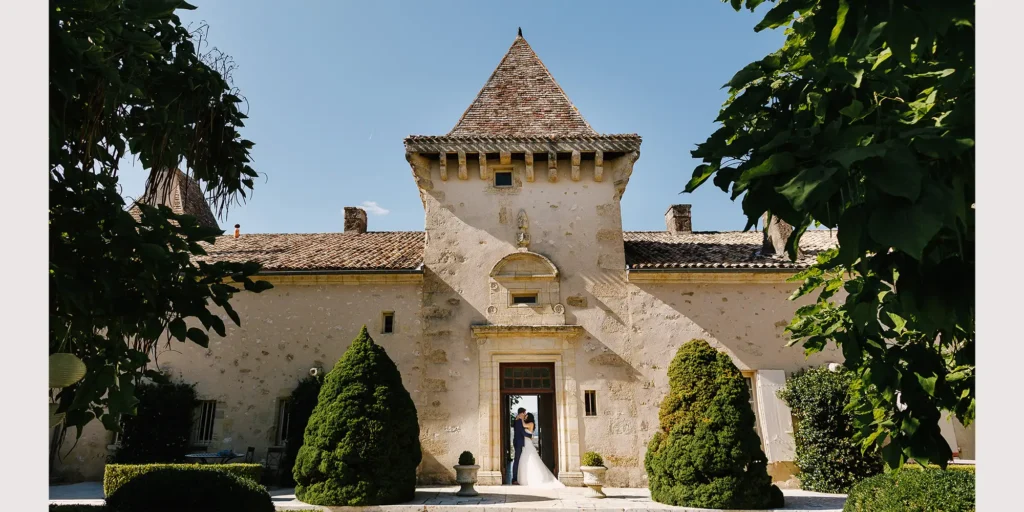 Golden hour sunset at a luxury French chateau wedding venue in the Dordogne
