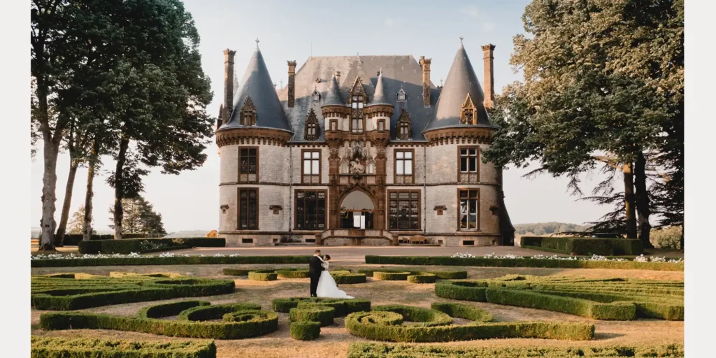 Impressive French chateau with couple stood in the garden. Chateau Bournel