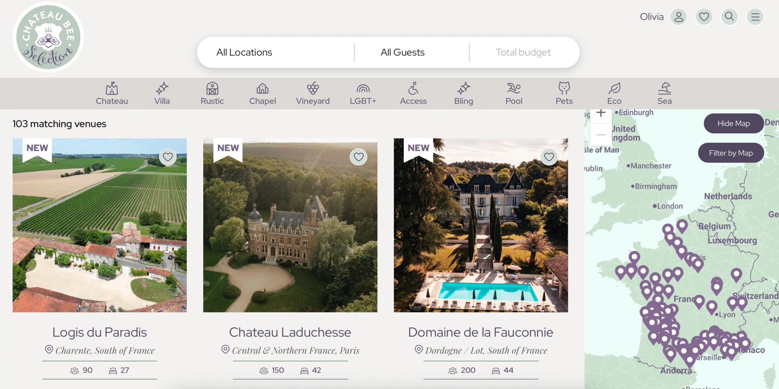 Chateau bee website, showing the different filters you can utilise from pets to vineyard. 