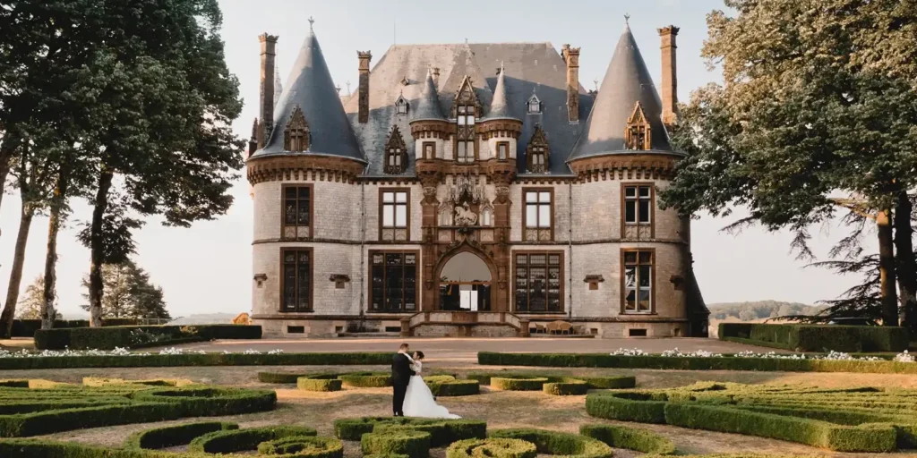 Impressive French chateau with couple stood in the garden. Chateau Bournel