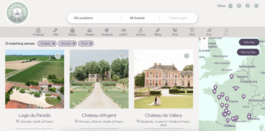 Questions to ask a wedding venue. Screenshot of Chateau Bee's website showing the options to narrow down your search.